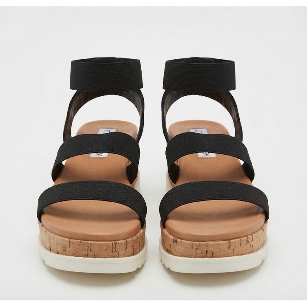 Steve Madden Bandi Black Elastic Ankle Strap Cork Platform Wedge Sandals Boho